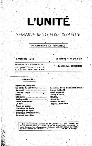 L'Unité : Semaine religieuse israélite. 2ème Année N° 36-37 (5 octobre 1945)